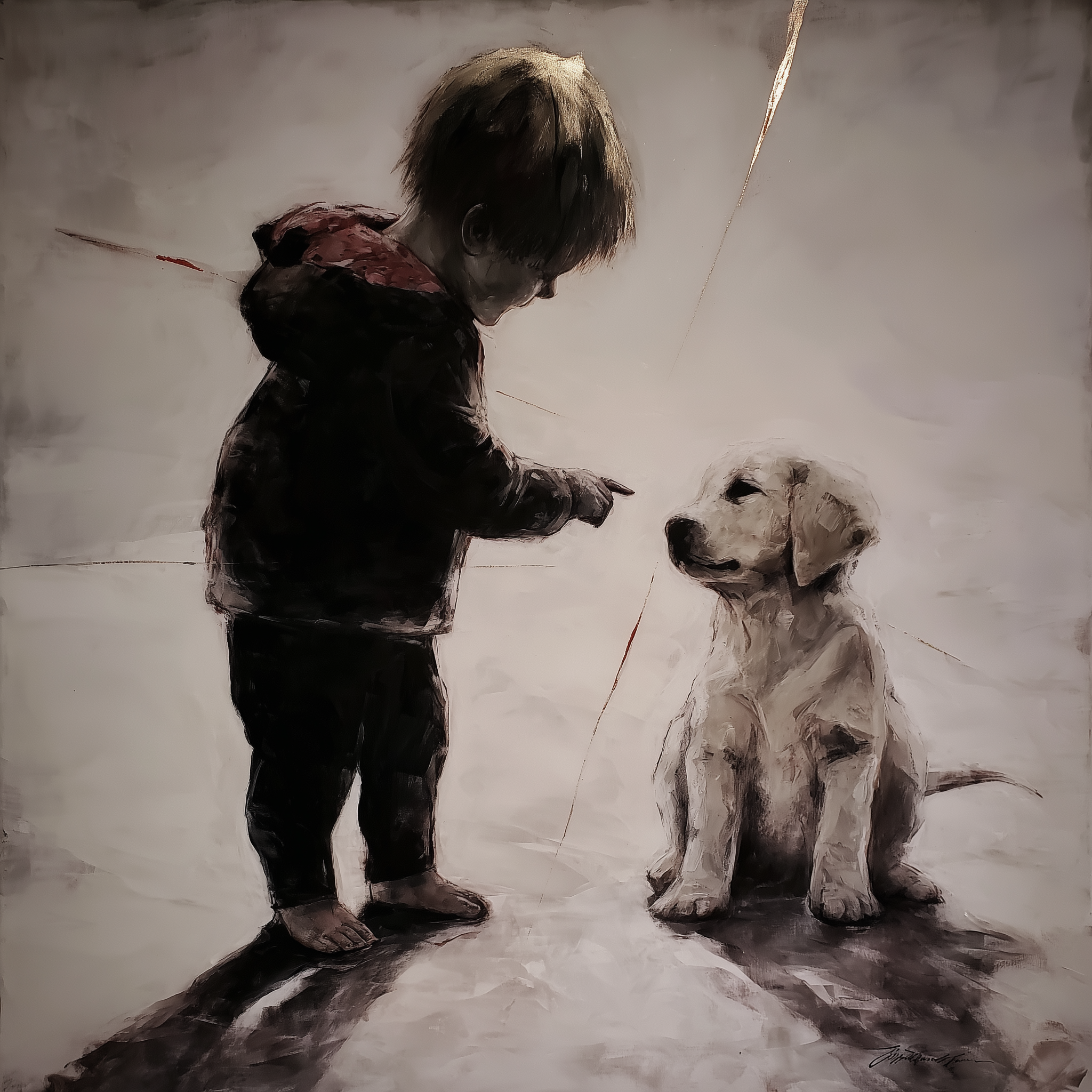 Artwork — golden retriever child with dog family bond watercolor 02