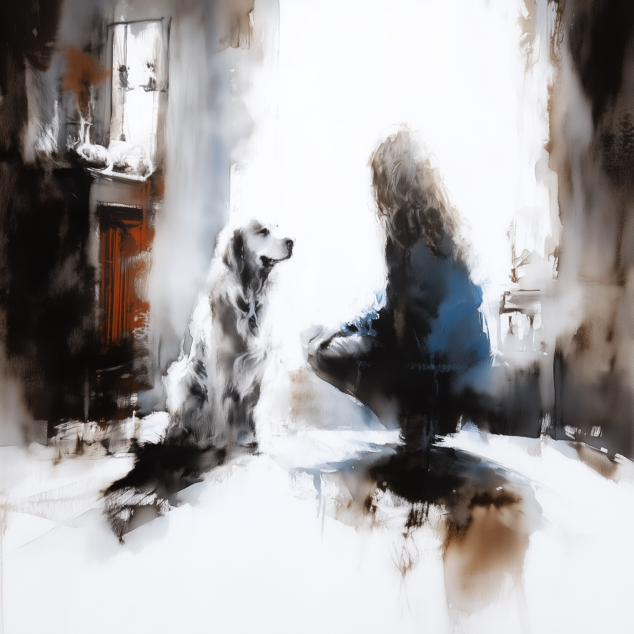Artwork — golden retriever person and dog tranquil watercolor 02
