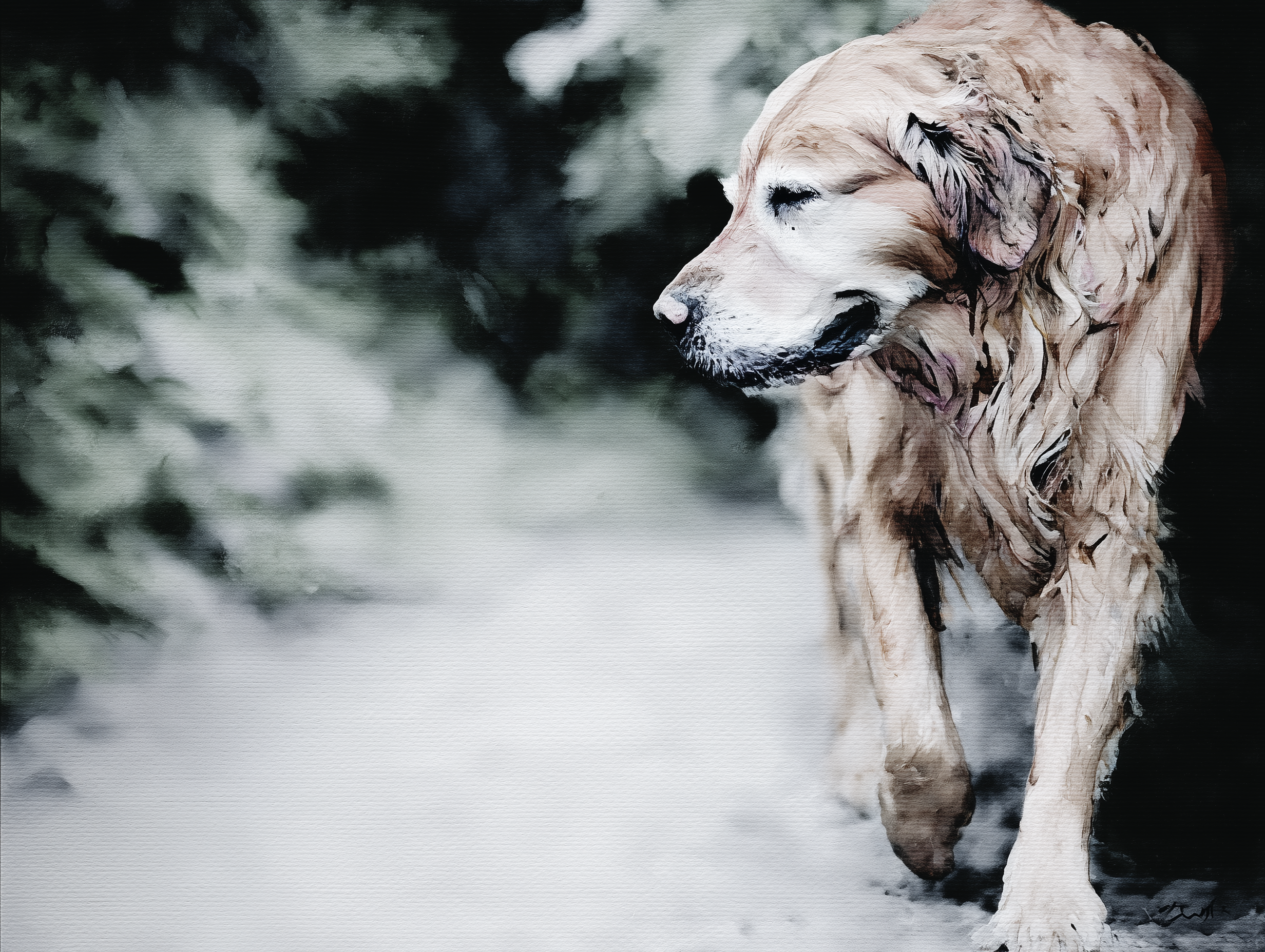 Artwork — golden retriever portrait contemplative watercolor 06