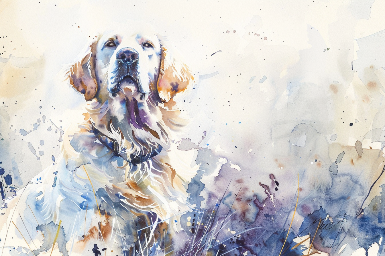 Artwork — golden retriever white golden marshland natural watercolor 01