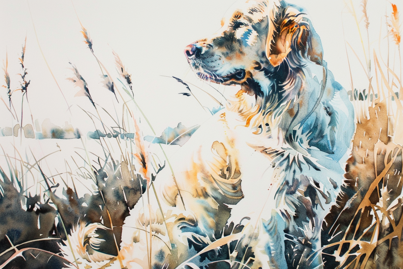 Artwork — golden retriever white golden marshland natural watercolor 02