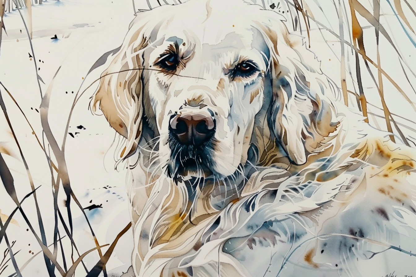 Artwork — golden retriever white golden marshland natural watercolor 03