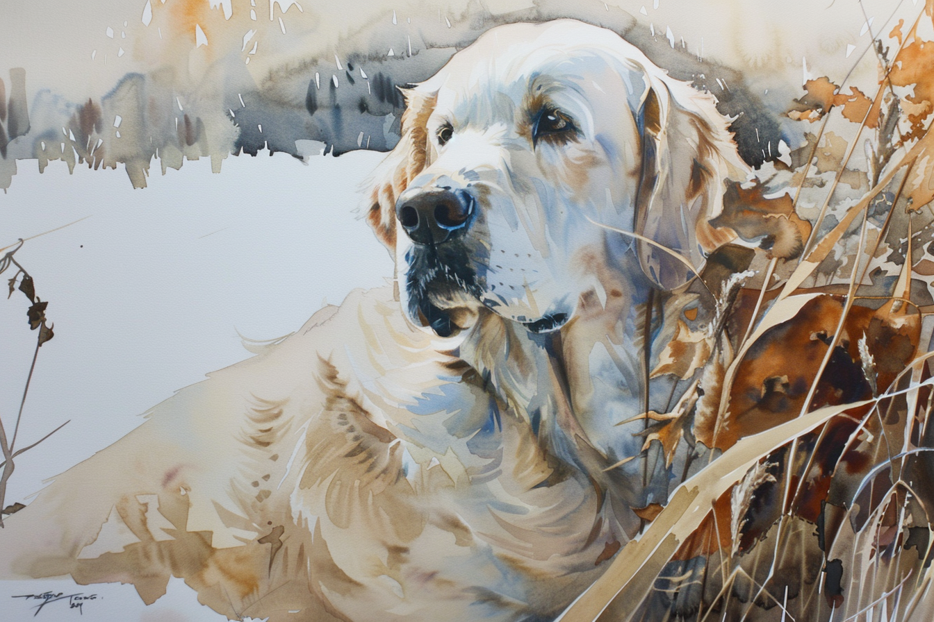 Artwork — golden retriever white golden marshland natural watercolor 04