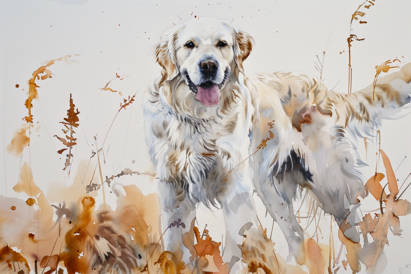 Artwork — golden retriever white golden marshland natural watercolor 05