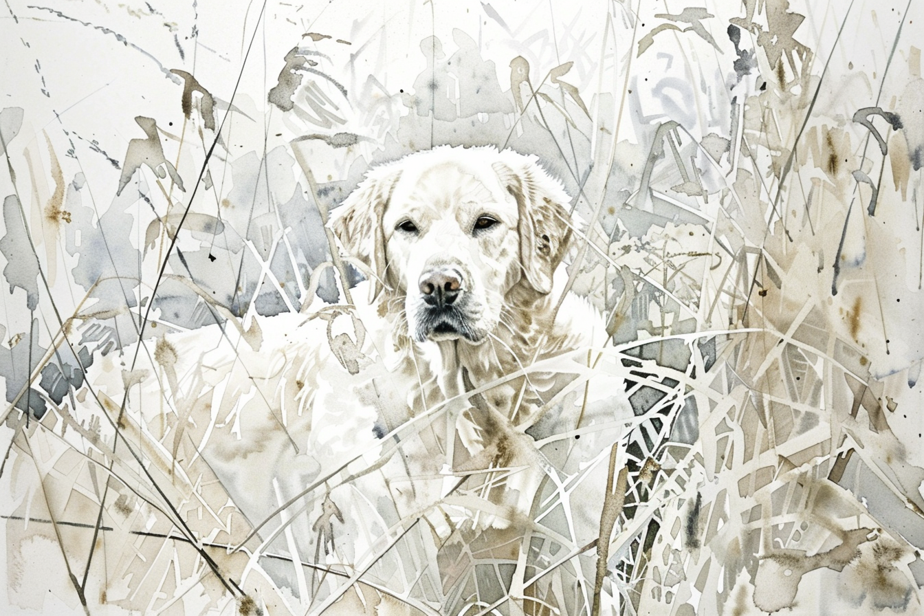 Artwork — golden retriever white golden marshland natural watercolor 06