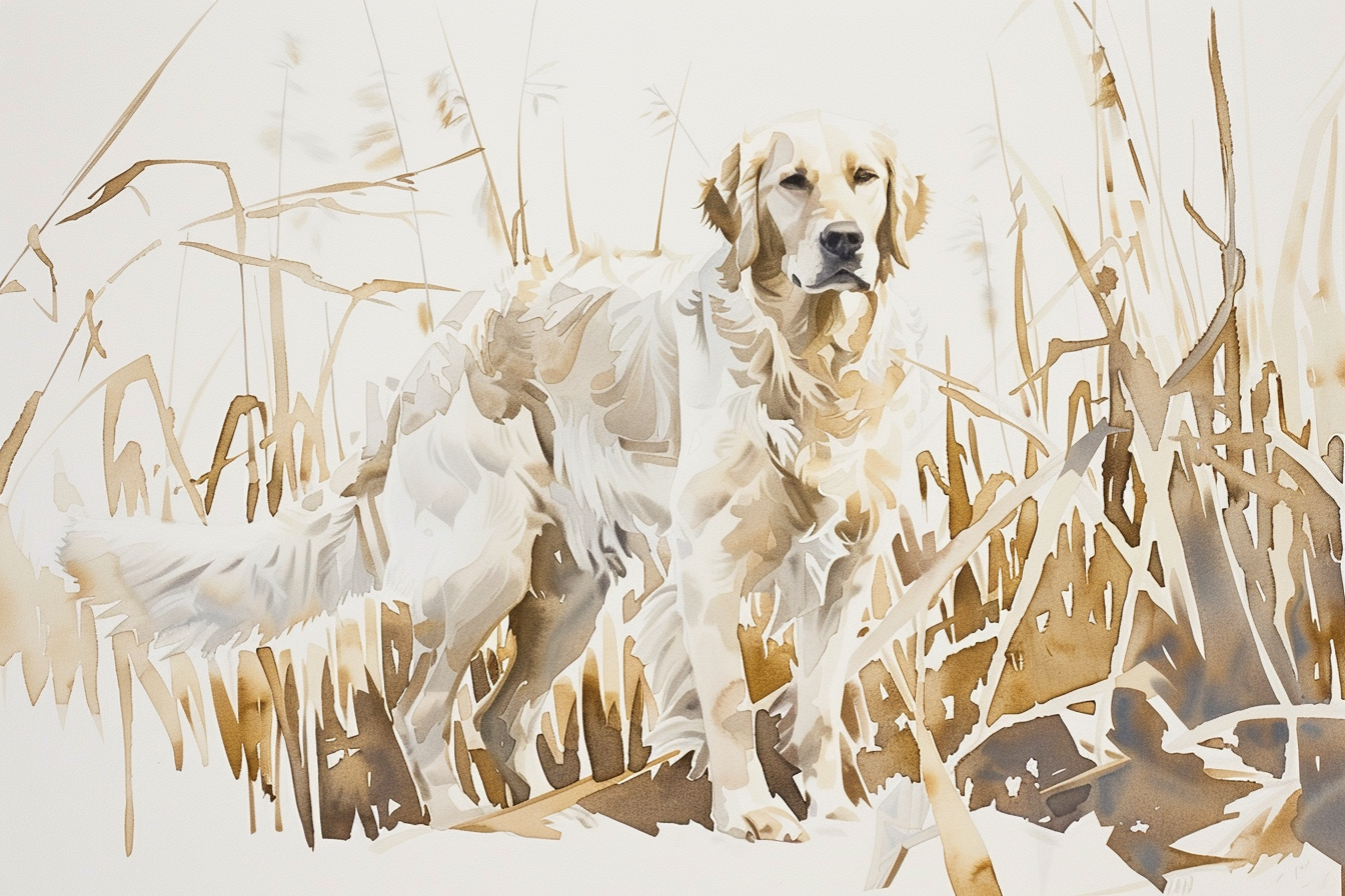 Artwork — golden retriever white golden marshland natural watercolor 08