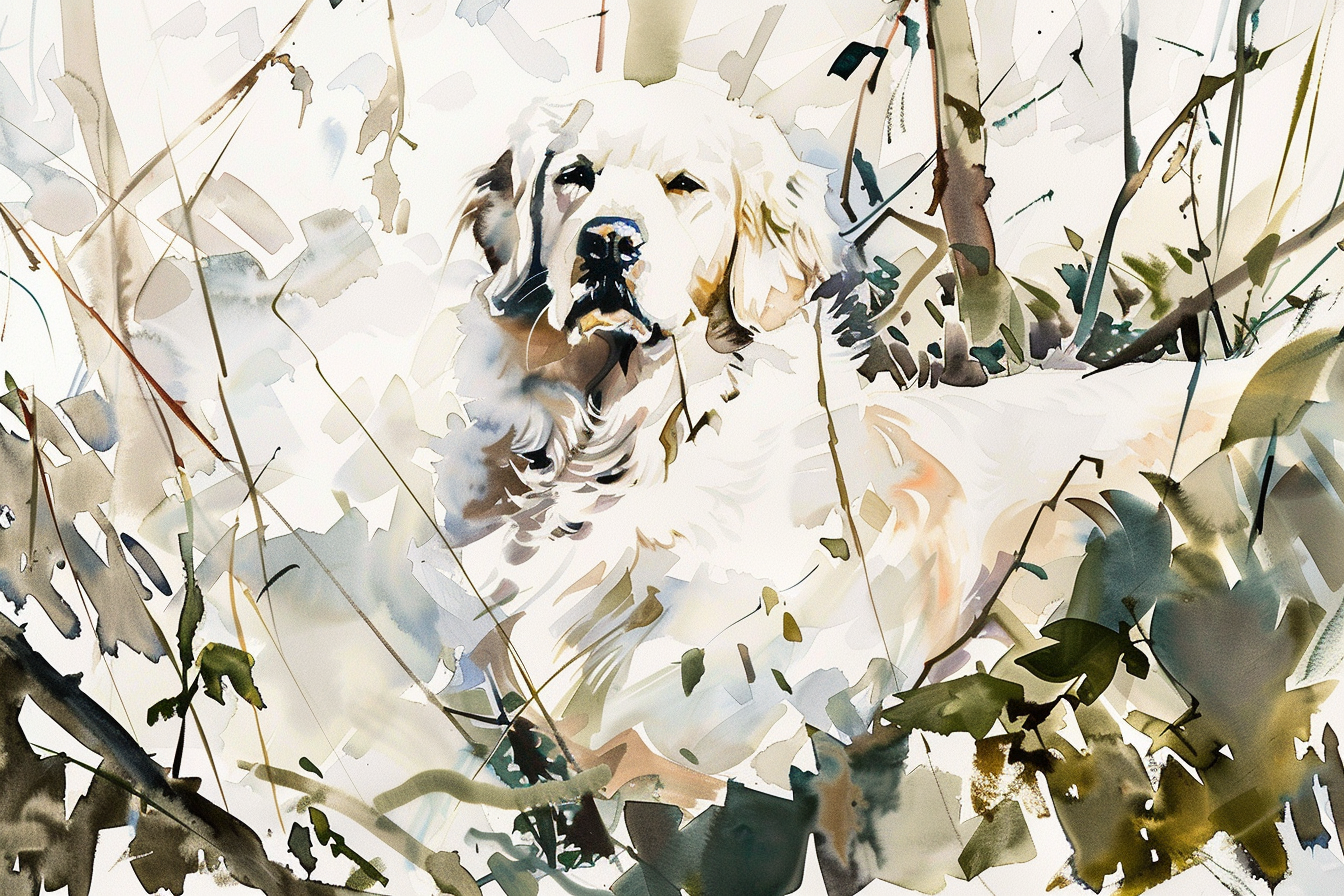 Artwork — golden retriever white golden marshland natural watercolor 09