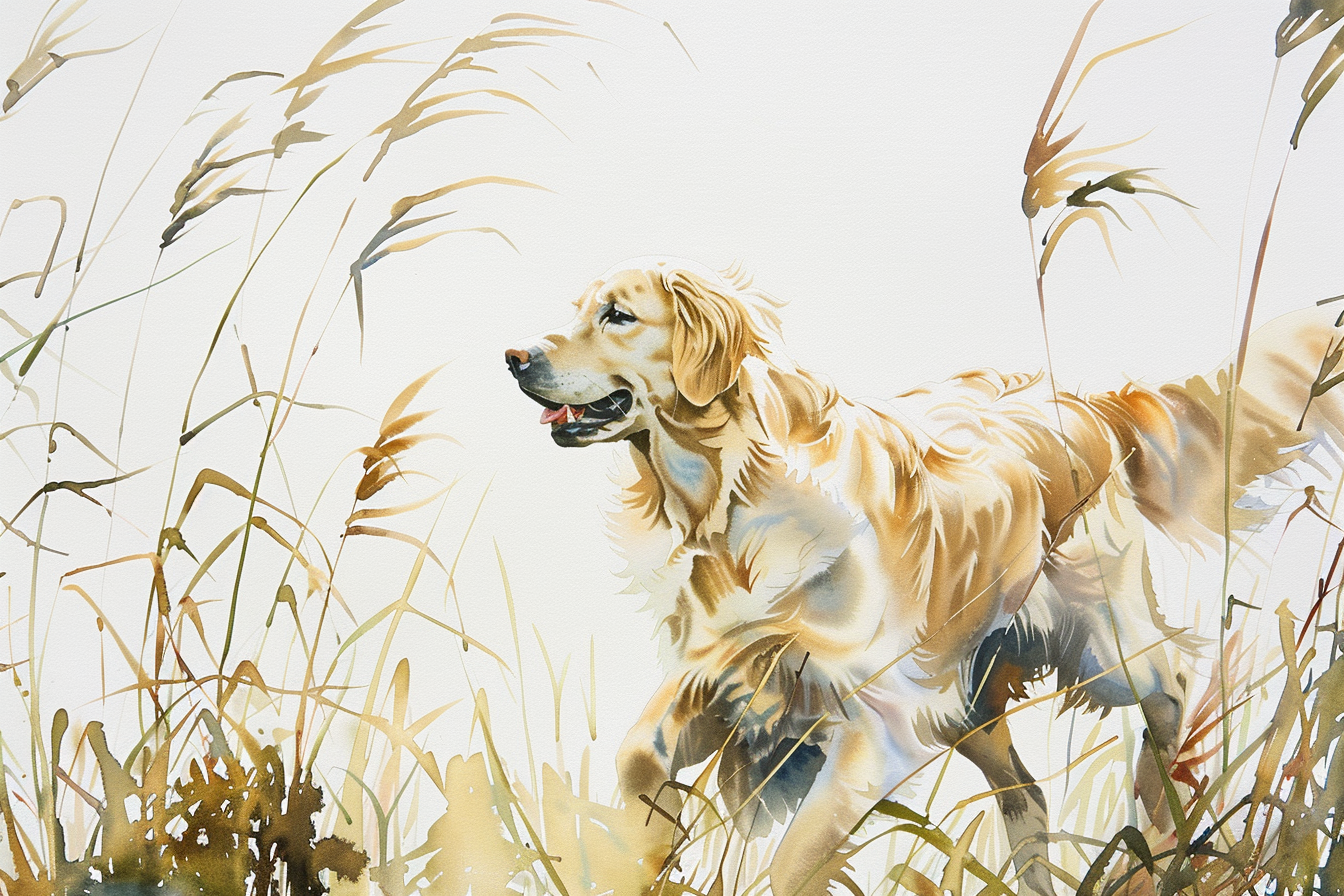 Artwork — golden retriever white golden marshland natural watercolor 10