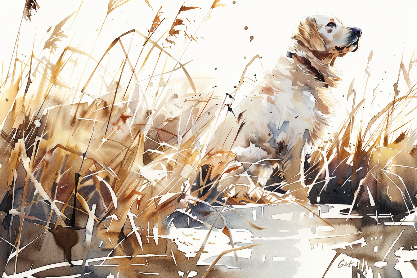 Artwork — golden retriever white golden marshland natural watercolor 11
