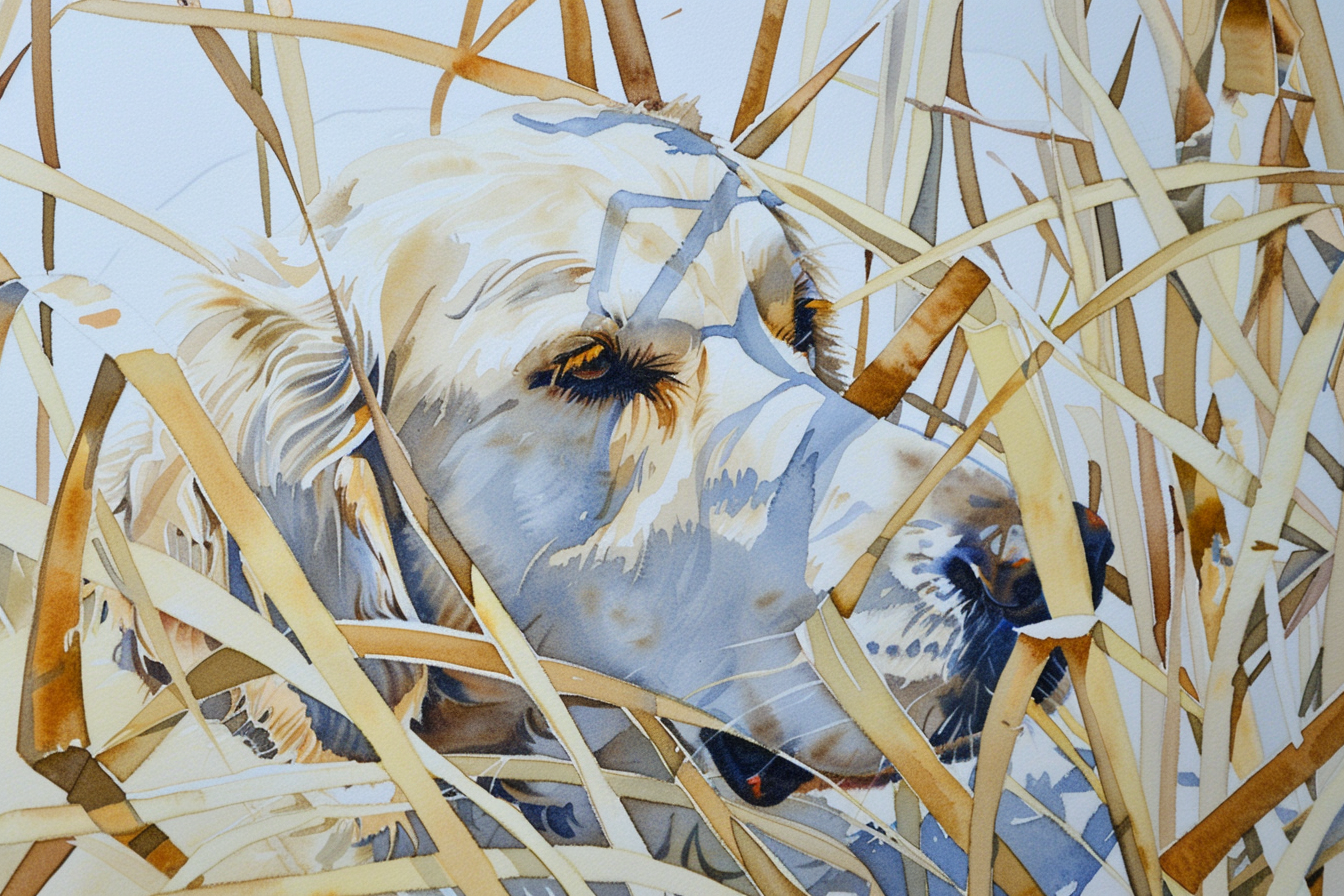 Artwork — golden retriever white golden marshland natural watercolor 12