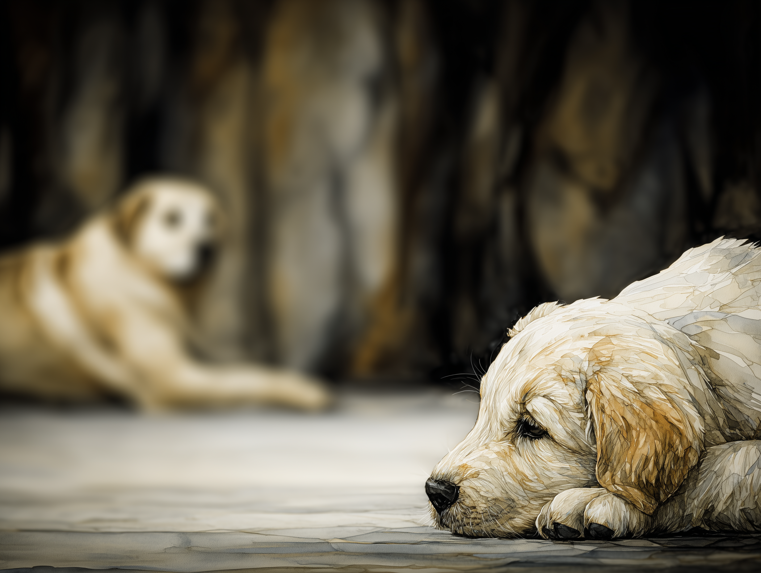 Artwork — golden retriever young golden introspective watercolor 05