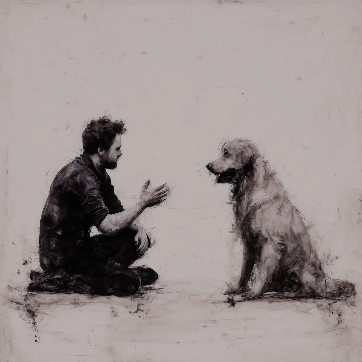 Watercolor of a person seated near a Golden Retriever