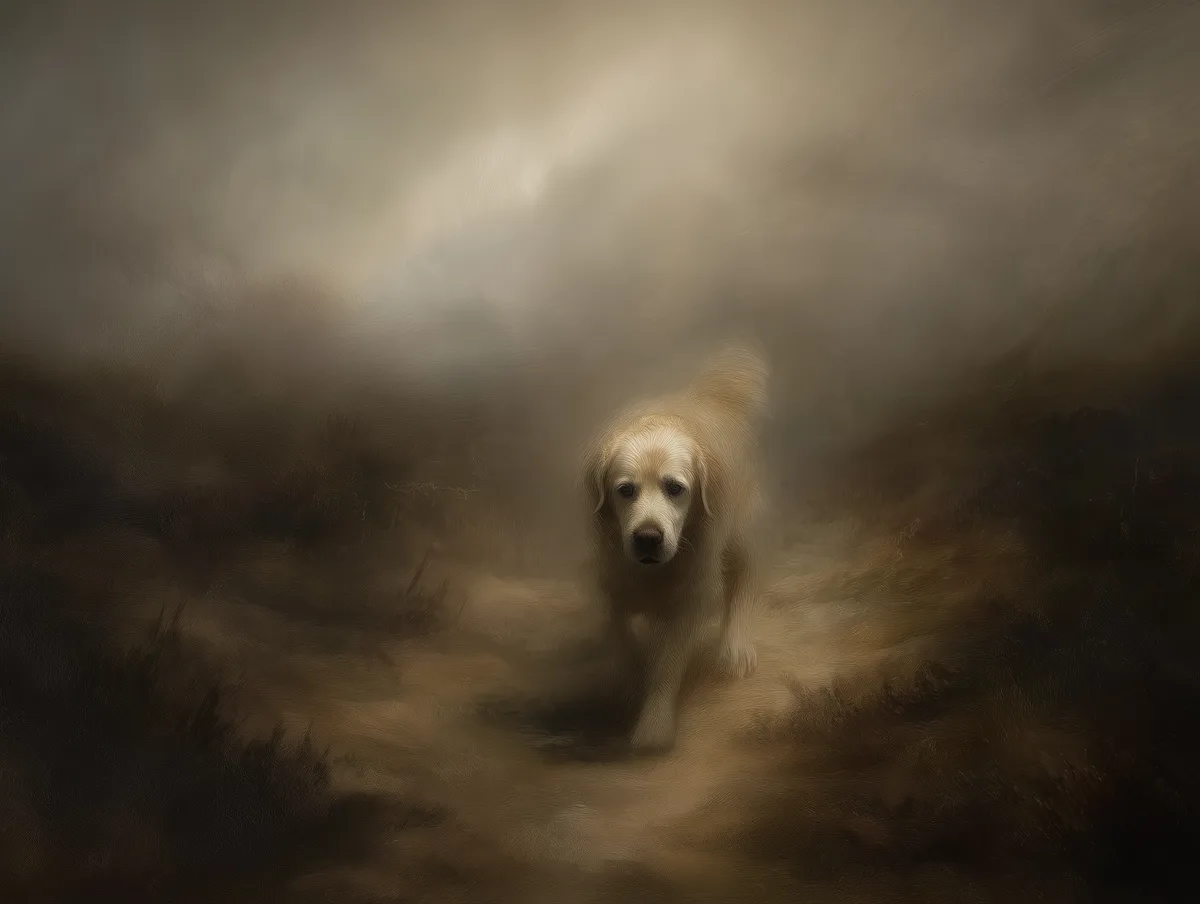 Golden Retriever walking through mist in watercolor
