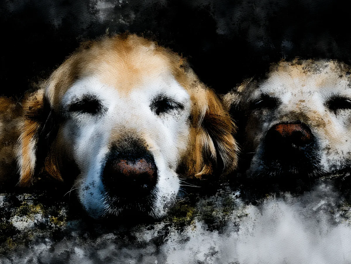 Two Golden Retrievers in a peaceful watercolor scene